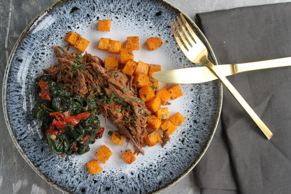 Braised Brisket with Garlic Roasted Tomatoes and Spinach with Butternut Squash - Pete's Paleo