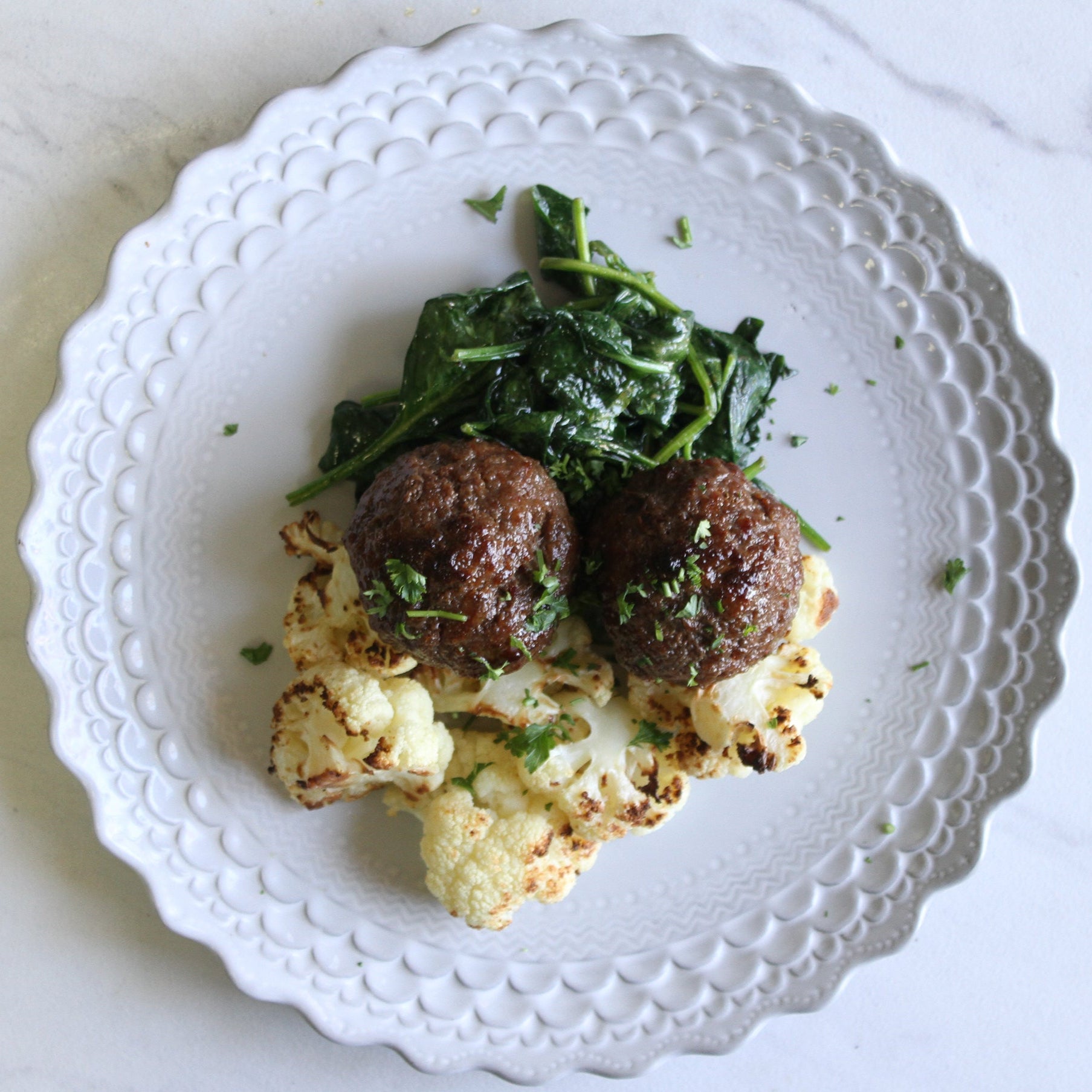 Harissa and Maple Roasted Meatballs with Cauliflower and Spinach - Pete's Real Food
