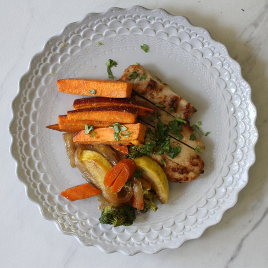 Grilled Chicken with Stir Fried Vegetables & Roasted Yam Wedges - Pete's Real Food