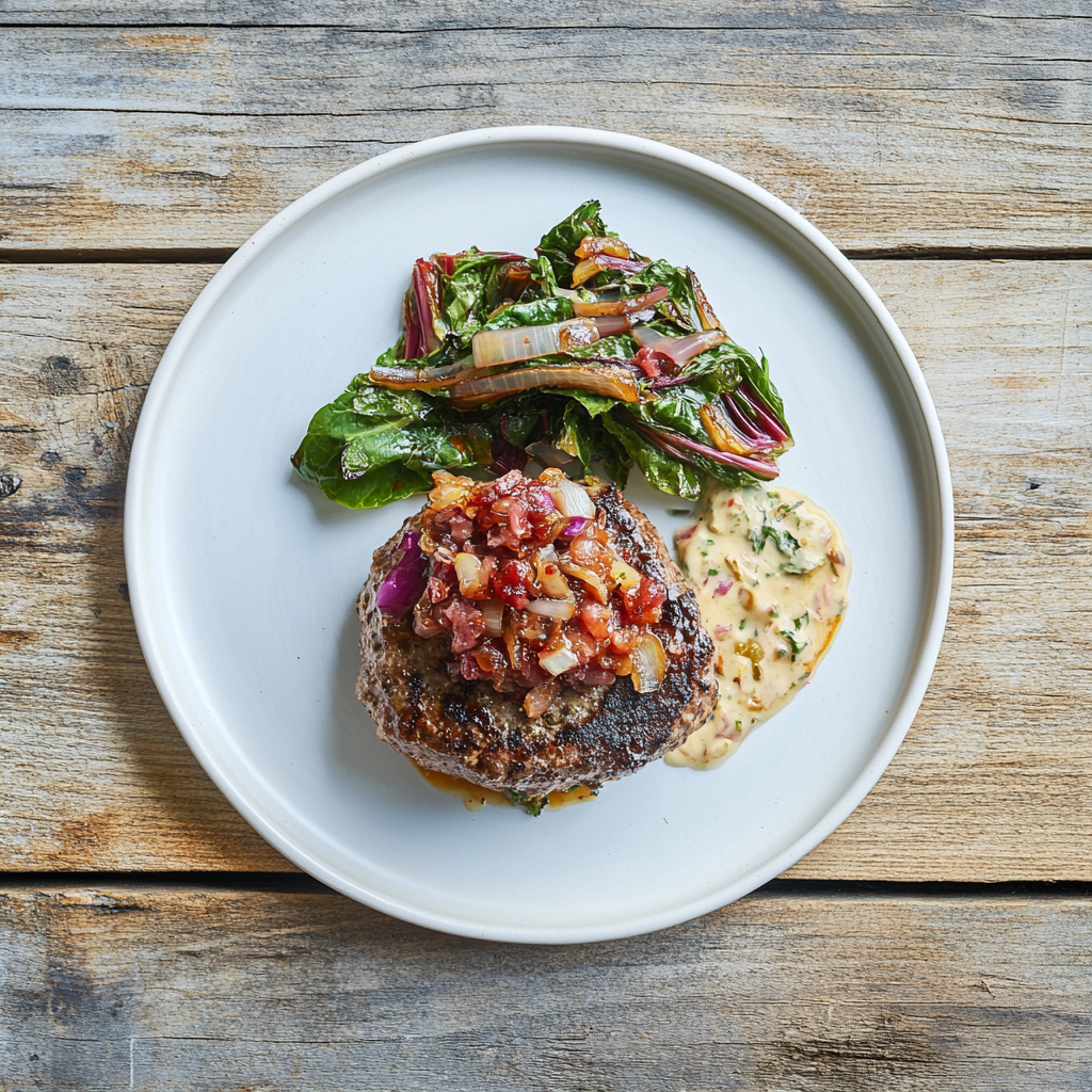 Juicy Lucy Burger with Maple Bacon Onion Jam and Creamed Rainbow Chard - Pete's Real Food